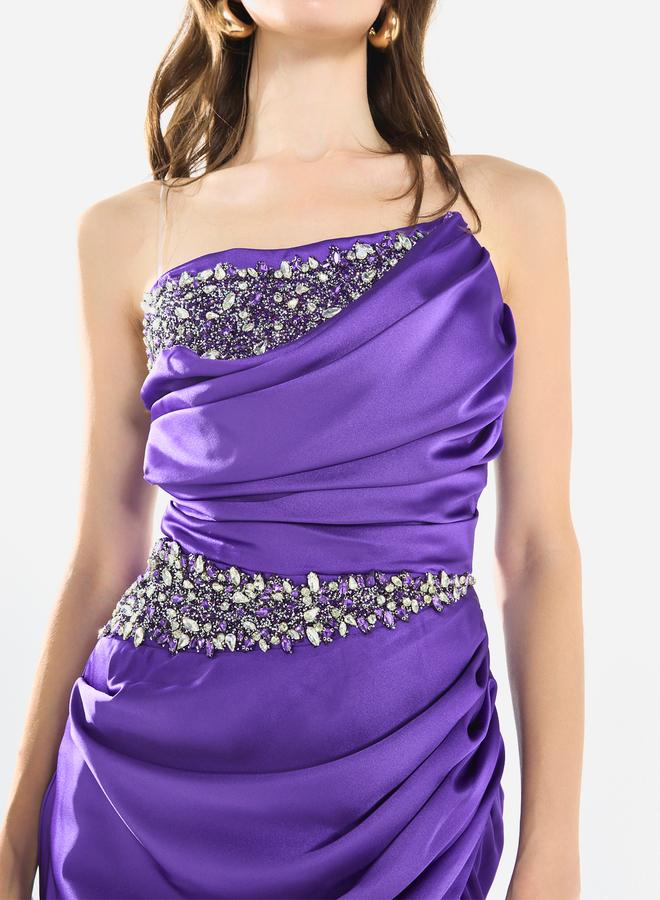 House of Moda Women Embellished Draped Satin Slit Gown Maxi Dress - Image 5